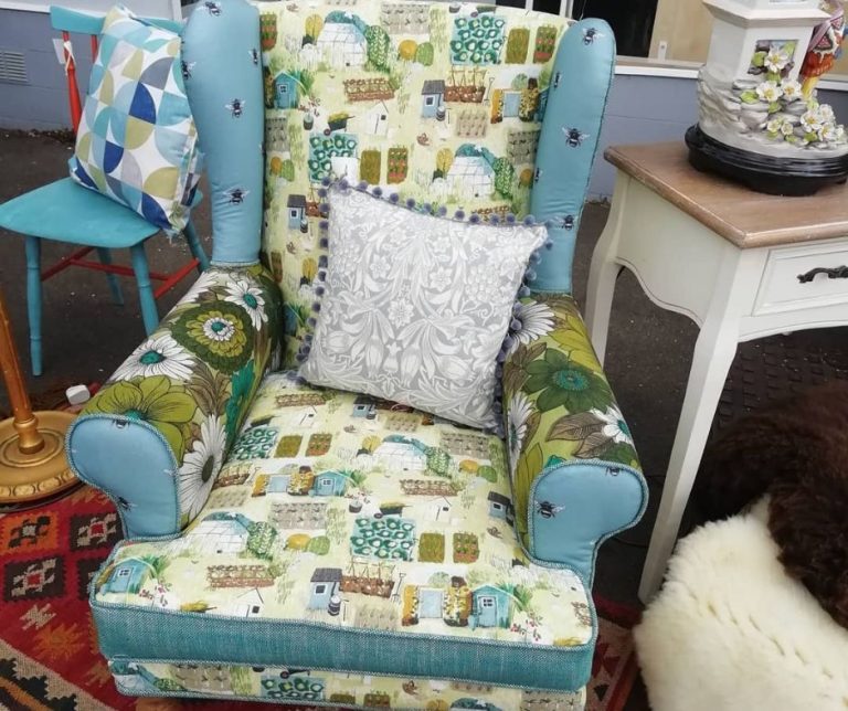 Reupholstered armchair with Prestigious, Clarke & Clarke and vintage fabrics